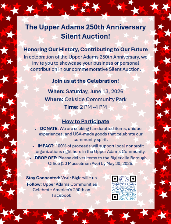 The Upper Adams 250th Anniversary Silent Auction Flyer
